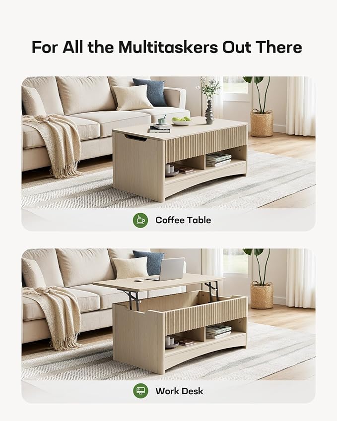 Marsail Lift Top Coffee Table with Open & Hidden Storage, Modern Fluted Coffee Table with Smooth Lift Mechanism, Sturdy Space-Saving Center Table for Home Living Room, Office, Oak