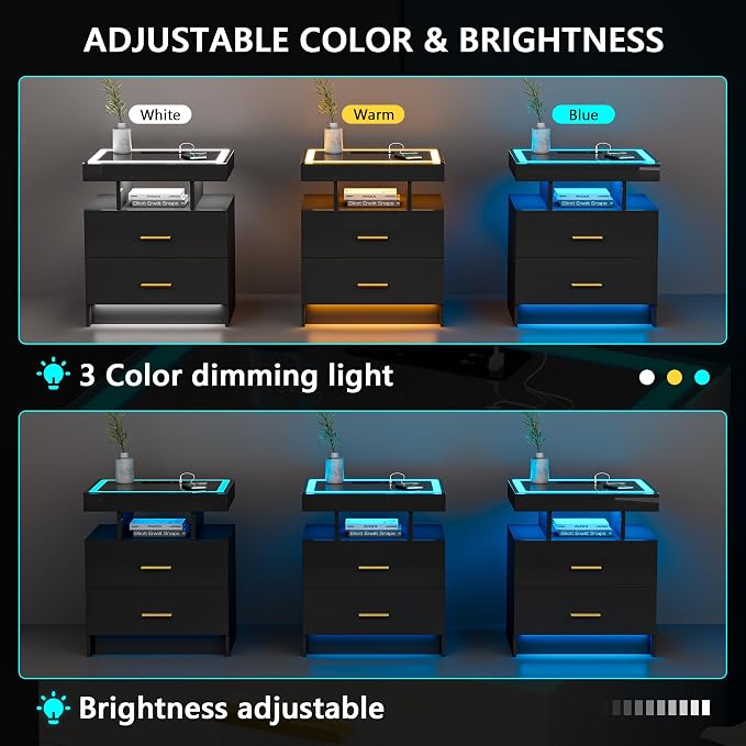 LED Nightstand with Wireless Charging Station, Smart Night Stand with 2 Drawers, Glass Top, 3 Color Dimmable Light, High-Gloss Beside Table with USB Type-C Port Bedroom Black - Image 5