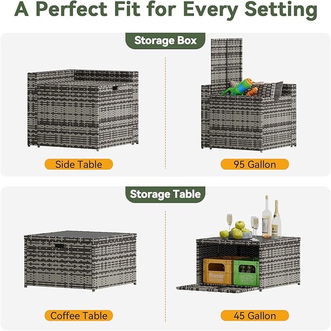 Aoxun 8 Piece Patio Furniture Set, Wicker Rattan Outdoor Furniture Set with Storage Box and Glass Top Table, Patio Sectional Set with Thickened Cushions and Include Waterproof Cover (Grey & Black)