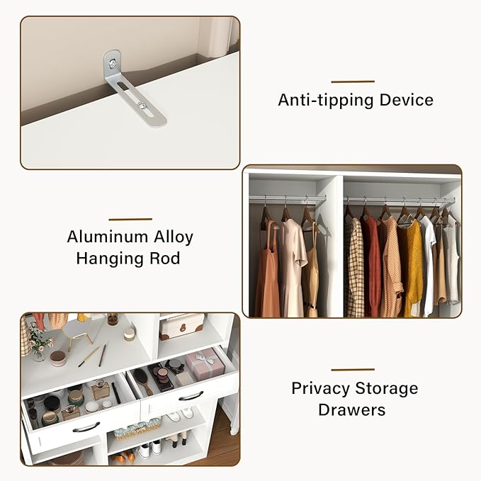 Armoire Wardrobe Closet with 2 Drawers, 81” H Wooden Wardrobe Closet with 10 Storage Shelves and 2 Hanging Rod, White Modern Armoire, Clothing Storage Cabinet Organizer Combination, Bedroom Furniture