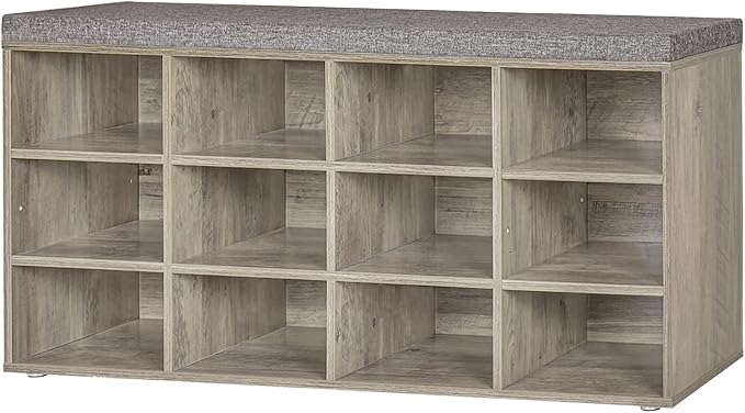 DINZI LVJ Shoe Bench, 12 Cubbies Shoe Organizer for Entryway, Storage Bench with Cushion, Cubby Shoe Rack with Adjustable Shelves for Living Room, Bedroom, Mudroom, Hallway, Gray Wash by DINZILVJ