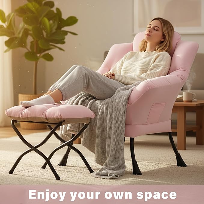 Cozy Lazy Chair with Ottoman, Large Contemporary Accent Peach Pink Chair Set, Leisure Upholstered Reading Armchair for Office, Bedroom, Living Room, Dorm Rooms, Balcony