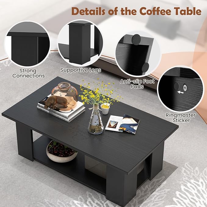 Giantex Rectangle Wood Center Table, 41 Inch 2-Tier Large Modern Tea Table w/Open Compartment, Easy Assembly, Accent Coffee Table for Living Room, Reception Room, Black