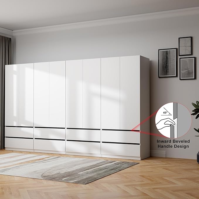 Large Wardrobe Closet with 8 Doors: 75" White Armoire with 8 Drawers, Wooden Wardrobe for Hanging Clothes, Tall Storage Cabinet with Shelves and Hanging Rod (A+A+A+A, 126")