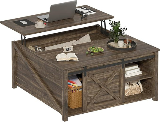 PUKAMI Lift Top Coffee Table with Storage, 31.5" Farmhouse Coffee Table for Living Room, Square Coffee Tables with Large Hidden Storage and Sliding Barn Doors, Brown