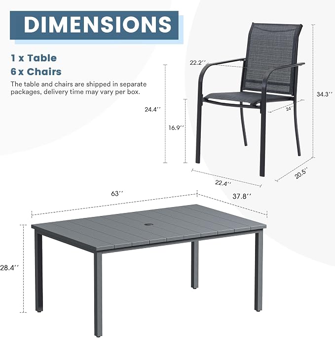DIFY 7 Pieces Outdoor Patio Dining Set for 6, 63" Grey Rectangle Metal Dining Table and 6 Grey Stackable Sling Dining Chairs, Outdoor Table and Chairs for Lawn Garden Backyard Deck - Image 7