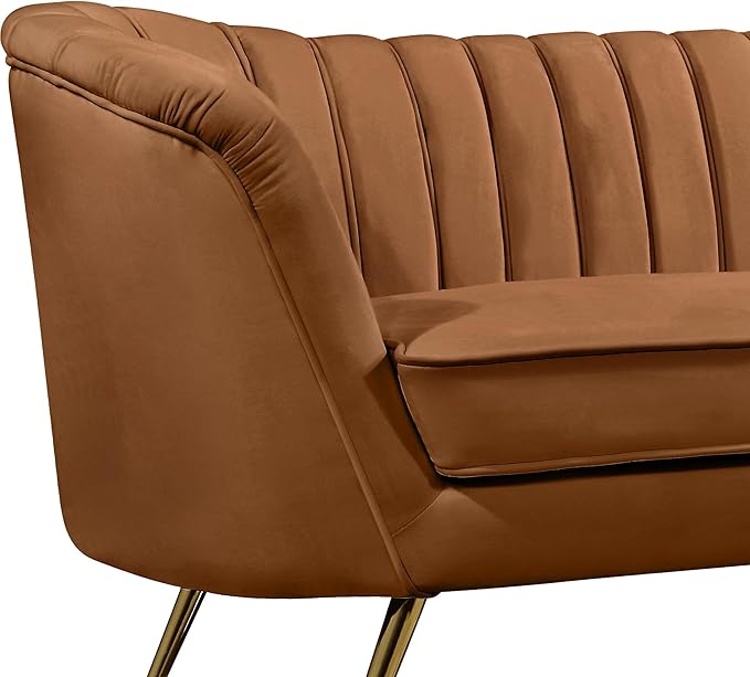 Meridian Furniture 622Saddle-L Margo Collection Modern Contemporary Velvet Upholstered Loveseat with Stainless Steel Base in a Rich Gold Finish, Saddle, 65" W x 30" D x 33" H
