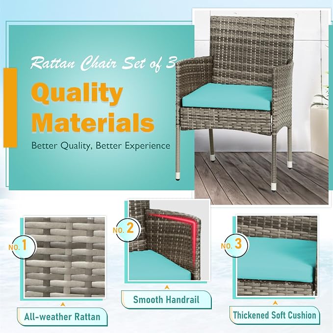 PayLessHere Set of 3 Outdoor Furniture Set Patio Furniture Set Gray Conversation Set with 2 Rattan Chairs Glass Coffee Table for Coffee Bar Poolside Patio Outdoor, Blue Cushions