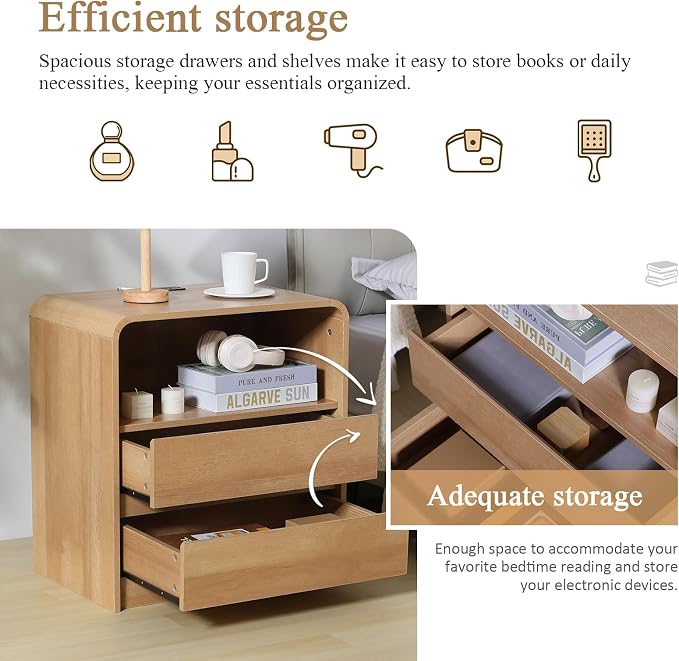 Modern Nightstands Set of 2, Oak Night Stand with Charging Station, Wood End Table with 2 Drawers, 23.6'' Wide Bedside Cabinet for Bedroom - Image 5