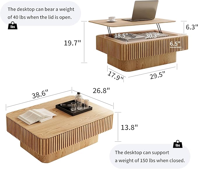 Rectangle Lift Top Coffee Table for Living Room Smart Coffee Tables with Lifting Top Modern Coffee Table with Storage for Apartment Office 38.6" Oak