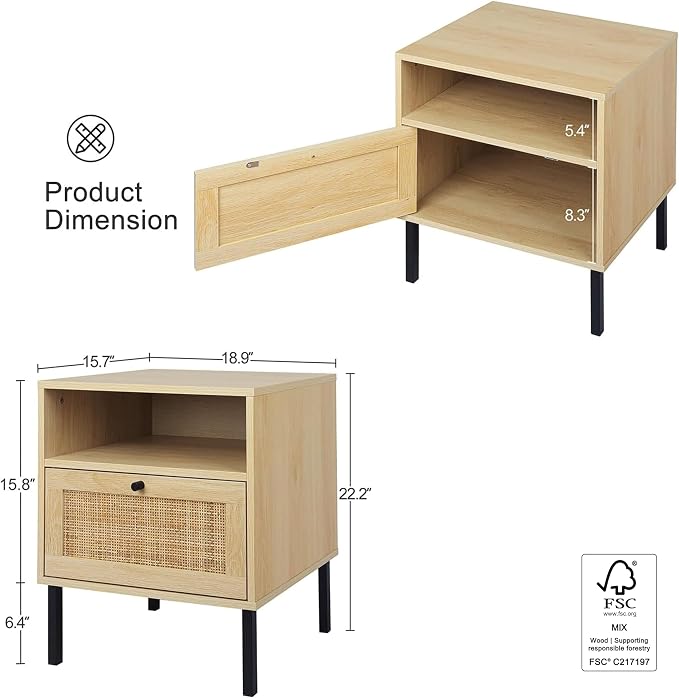 Angel Sar Rattan Nightstands Set of 2, Boho Night Stand with 1 Door, Accent End Table, Wood Bediside Table with Metal Legs&Open Shelf, Natural Wood - Image 2