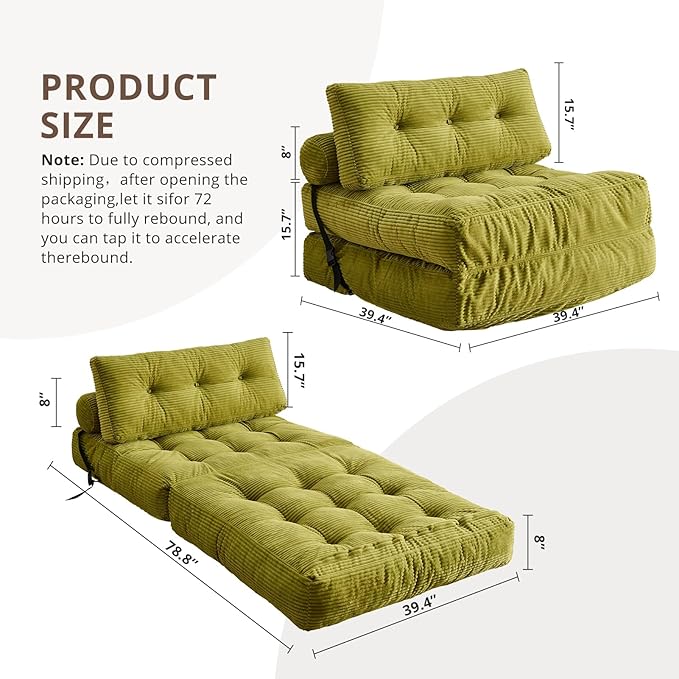 Folding Sofa Bed, Convertible Sleeper Chair with Pillow, Foldable Mattress with Back Support, Portable Floor Sofa Lounge for Living Room Bedroom Dorm(Green, Single)