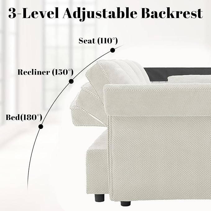 Rovibek 65'' Convertible Sleeper Sofa Bed, 3-in-1 Pull Out Couch with 360° Swivel Side Table, Adjustable Backrest, Loveseat Sleeper with Charging Port | Side Pocket | Cup Holders, White