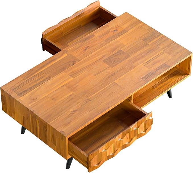 Bme Georgina Solid Wood Coffee Table, 2 Drawers & Open Shelves, Mid Century Modern Center Table, 110 cm, Teak Brown, Pre-Assembled
