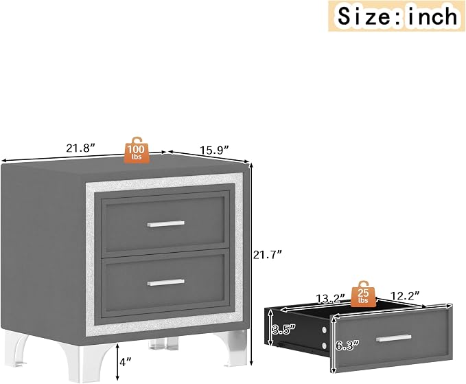 Bellemave 2-Drawer Nightstand with Silver Glitter Strip Decor and Metal Legs, Vintage Upholstered Nightstand, Velvet Bedside Table for Bedroom (Grey) - Image 2