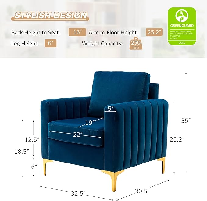 HULALA HOME Velvet Accent Club Chair, Modern Velvet Armchair Upholstered Accent Club Sofa Chair with Gold Metal Legs Mid-Century Barrel Leisure Comfy Reading Armchair, Navy