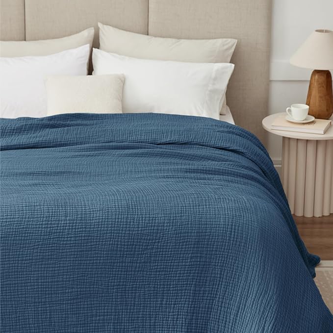 100% Cotton Light Blue Throw Blanket 50" x 70", 6 Layers Large Breathable and Lightweight Cotton Blanket for Bed and Couch, Soft Quilt Bedspread, Gauze Blanket for Adults All Season, Blue