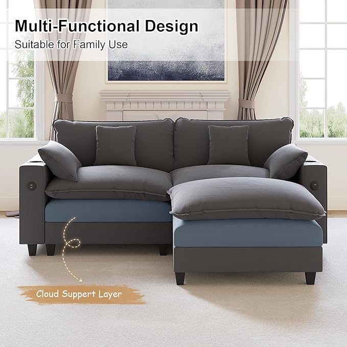 80.7" Modular Sectional Couch, L Shaped Cloud Sofa with Movable Ottoman, Chenille Deep Seat Cloud Couch with Charging Station, Cup Holder, Side Pocket, Sectional Couches for Living Room, Grey