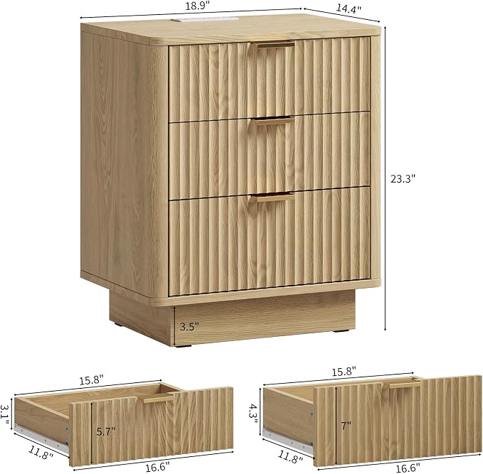 GOLDDAY Nightstand with Charging Station & LED Light, 3-Drawer Bedside Table with Outlets, Modern End Table, for Bedroom, Home Office, 1Pcs, Natural - Image 2