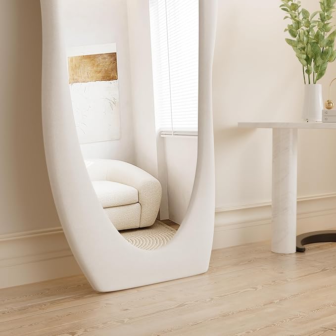 Rowjut Full Length Mirorr, 63"x24" Mirror Full Length, Irregular Wall Mounted Mirror, Standing Floor Mirror with Flannel, Wavy Body Mirorr Hanging or Leaning Against Wall for Bedroom (White) - Image 6