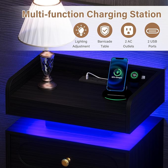 4ever2buy Black Nightstand Set of 2 with Adjustable LED Lights and Charging Station Modern Bedside Tables with 2 Drawers End Tables for Bedroom - Image 3
