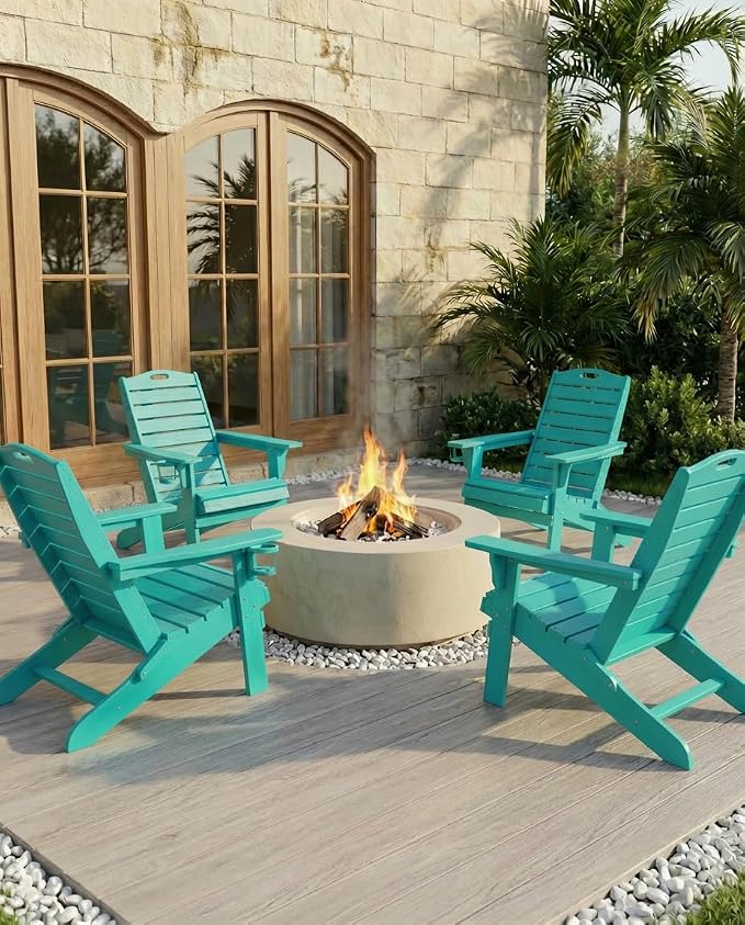 Adjustable Adirondack Chairs Set of 6 with Retractable Ottoman, HDPE Folding Adirondack Chair with Cup Holders, Weather Resistant for Backyard, Poolside & Fire Pit (Lake Blue) - Image 2