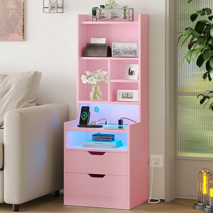 ADORNEVE Tall Night Stand with Charging Station and LED Lights,Nightstand with Bookshelf,Bedside Table with Drawers & Power Outlets,End Side Table for Bedrooms,Pink - Image 5