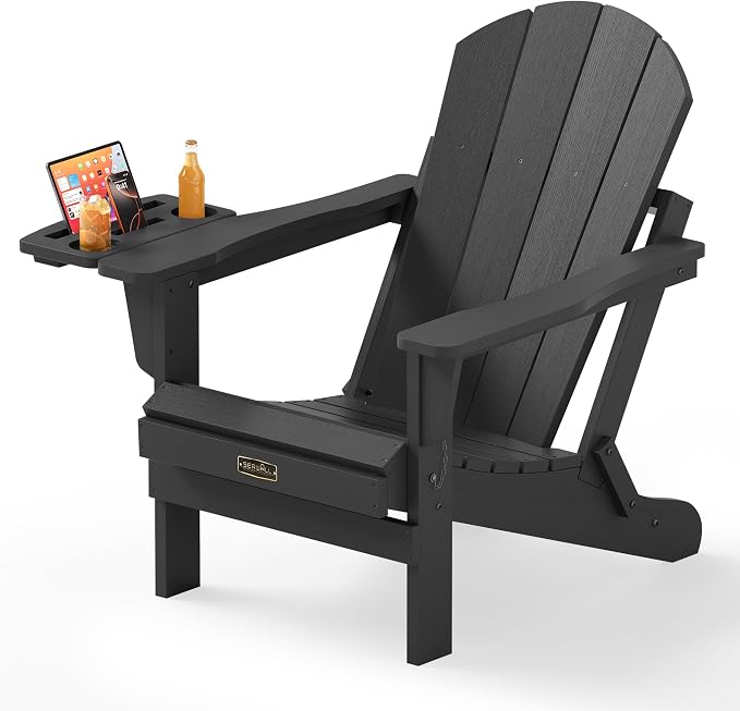 SERWALL Folding Adirondack Chair, Patio Adirondack Chairs with 4 in 1 Cup Holder Trays, All Weather Fire Pit Chair for Outdoor, Garden - Black by SERWALL
