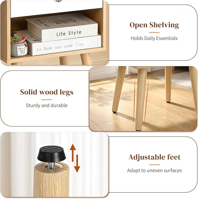 Bonnlo Oak Nightstand, Modern Bedside Table with Drawer Open Shelf, End Table with Solid Wood Legs for Bedroom、Living Room - Image 4