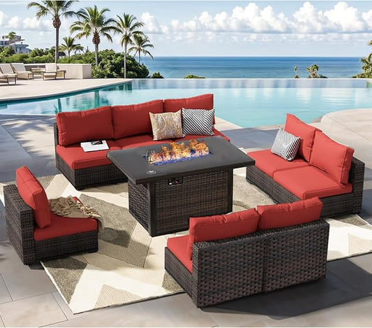 Patio Furniture Set Fire Pit Table 9 Piece All Weather PE Rattan Outdoor Sectional Sofa Couch with 8 x armless Sofa, No-Slip Cushions for Garden, Poolside, Backyard (Red)