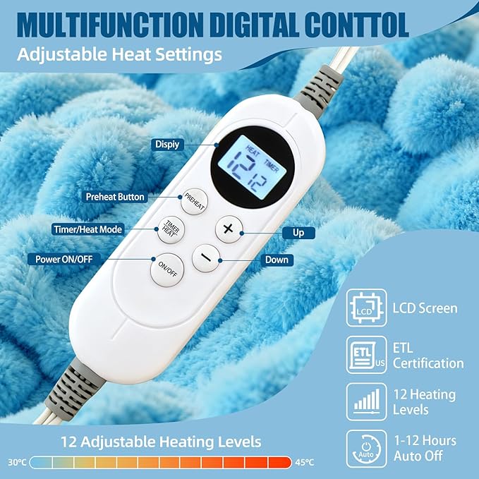 Eastsora Heated Blanket Flannel Throw Blanket, 50"X 60" Electric Heating Blanket with ETL & FCC & 12 Heating Levels & Auto Shut Off，Machine Washable (Blue, Single - 50" x 60")