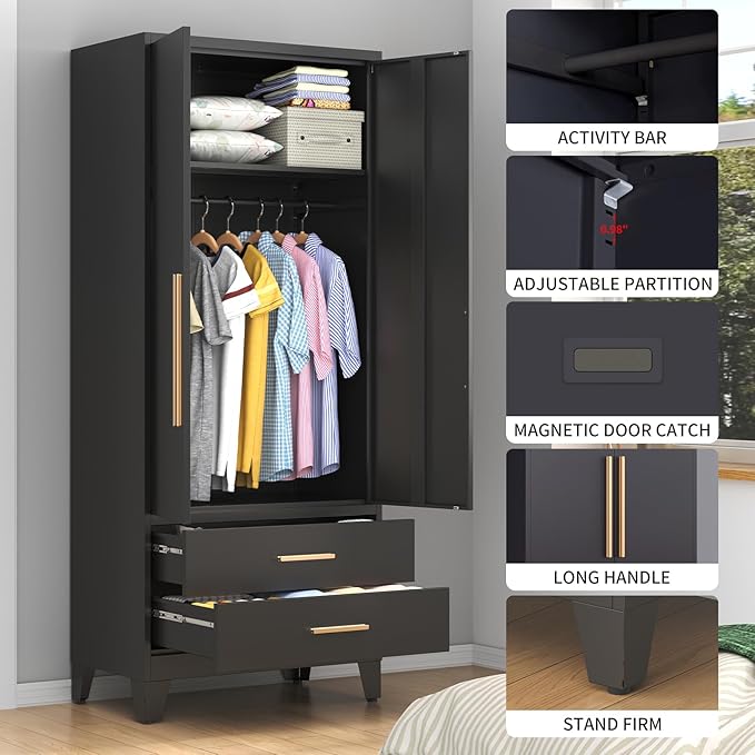 75.3" Tall Metal Armoire Wardrobe Closet with 2 Doors and 2 Drawers, Adjustable Hanging Rod and Adjustable Shelf, Freestanding Storage Cabinet Organizer for Bedroom, Office, Laundry Room，Black