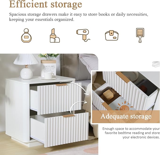 Fluted Nightstand with Charging Station, 23" Night Stands with 2 Drawers, Wood End Table with Storage, White Bedside Table for Bedroom - Image 4