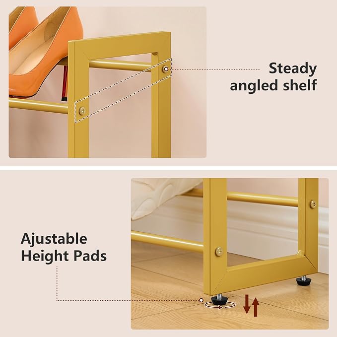 FAVOOSTY 3-Tier Expandable Shoe Rack, Adjustable Shoe Shelf Storage Organizer Space Saving Metal Free Standing Shoe Rack for Entryway Closet Doorway, Gold - Image 5