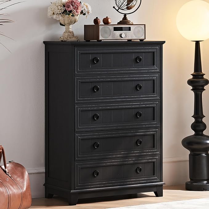 Joaxswe Farmhouse 5 Drawer Dresser for Bedroom Set of 2, 42" Tall Small Dressers & Chest of Drawers, Rustic Wood Dresser with Metal Handle, Storage Organizer Closet for Living Room, Hallway,Entryway - Image 3