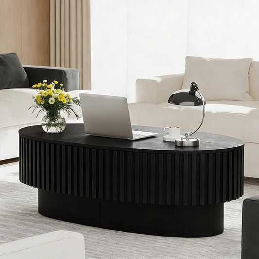 Oval Lift Top Coffee Table with Storage, Modern Drum Center Table with Hidden Compartment for Living Room, Lift Tabletop Fluted Minimalist Wood Dining Table for Home Office - Black