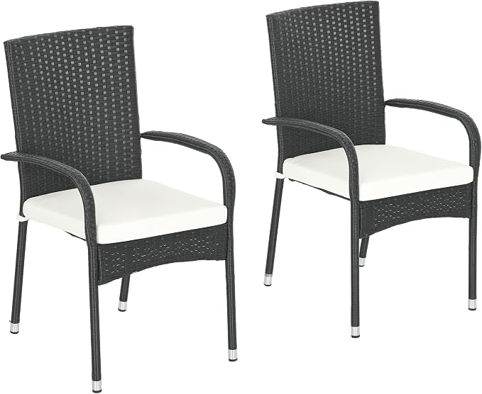 Outsunny Stackable PE Rattan Outdoor Dining Chairs with Cushions, Set of 2 Wicker Kitchen Chairs with Armrests and Backrest for Patio, Deck, Cream White by Outsunny
