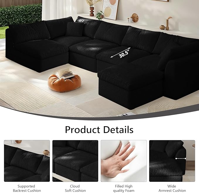 Modular Sectional Sofa Boneless Cloud Couch for Living Room, L Shape Deep Seat Recliner Sofa with Ottoman, Adjustable Backrest & 2 Throw Pillows - Covers Washable, (Black, 5 Seater+1 Ottoman)