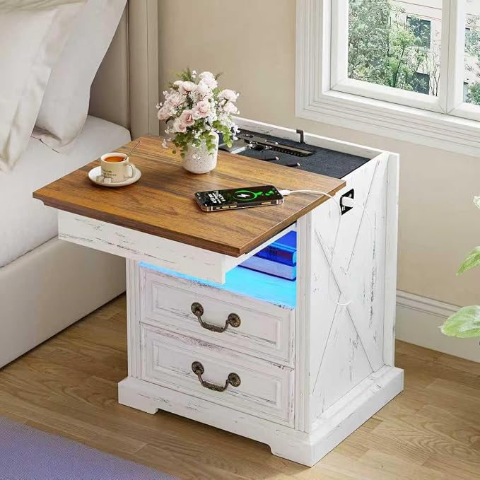 Dystler Night Stand with Gun Drawer, Bedside Table with LED Light & Human Sensor, Nightstand Gun Safe with 2 Drawers for Bedroom, Farmhouse End Table with Charger Station, Antique White by CraftYourIdealHomeLife