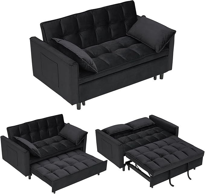55" Modern Velvet Loveseat Sleeper Sofa, 3-in-1 Convertible Pull-Out Bed with Adjustable Backrest, 2 Pillows & Side Pockets, Small Pull Out Couch for Living Room, Apartment(Black)