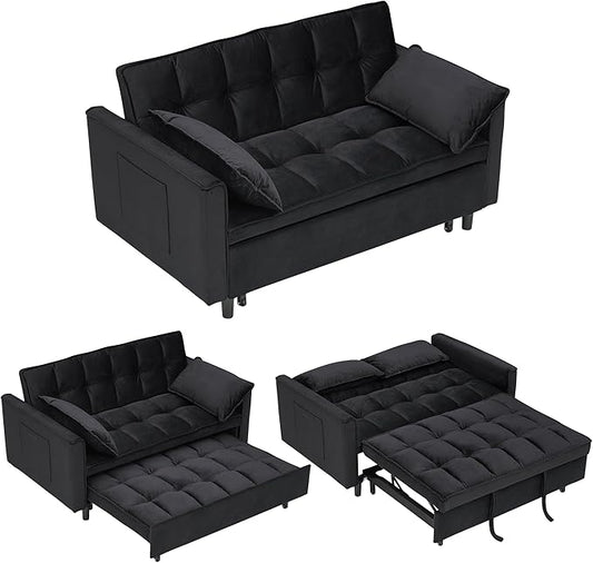 55" Modern Velvet Loveseat Sleeper Sofa, 3-in-1 Convertible Pull-Out Bed with Adjustable Backrest, 2 Pillows & Side Pockets, Small Pull Out Couch for Living Room, Apartment(Black)
