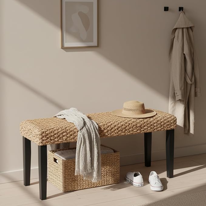 Solid Wood Acacia Indoor Bench with Natural Woven Seat, Boho Bench Entryway, Wood Bench for Living Room, Wooden Bench for Bedroom, Farmhouse Entryway Bench, Dining Benches (Black, Water Hyacinth) - Image 4