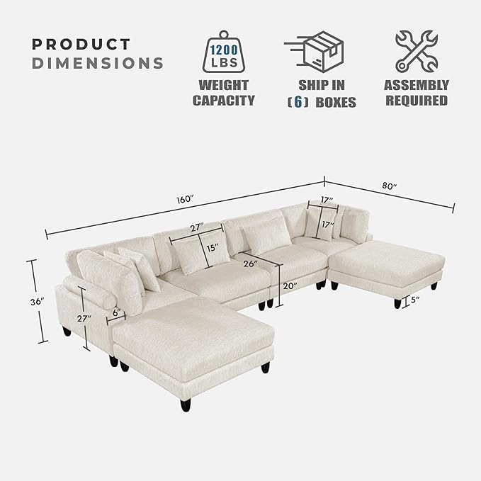 Lexicon 160 Inch Modular Sectional Sofa - Oversized 6 Seater Microfiber U Shaped Sectional Couch, 6 Accent Pillows, and Flexible Arrangement for Modern Living Rooms, Beige