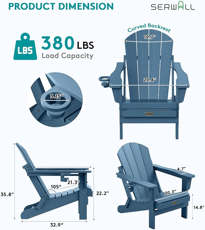 SERWALL Folding Adirondack Chair with Cup Holder Set of 6, Weather Resistant HIPS Lawn Chairs, Wooden Textured, Fire Pit Chairs for Backyard, Garden - Blue - Image 2