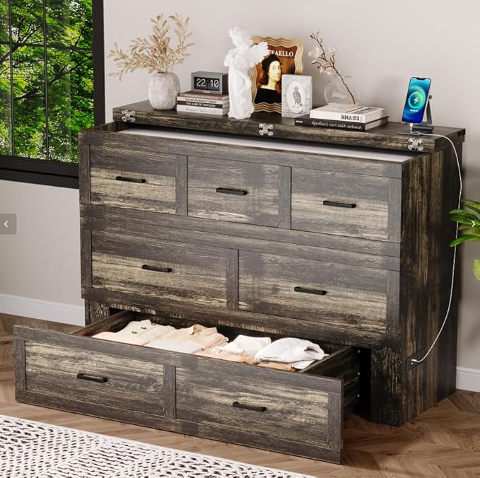 Bellemave Queen Murphy Bed, Cabinet Bed with Charging Station and 1 Large Storage Drawer, Farmhouse Murphy Cabinet with Foldable Panel, Noisy Free, for Guest Bedroom, Living Room, Rustic Gray