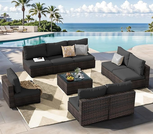 Patio Furniture Set 9 Piece All Weather PE Rattan Outdoor Sectional Sofa Couch with 8 x armless Sofa, No-Slip Cushions and Glass Top Table for Garden, Poolside, Backyard (Black)