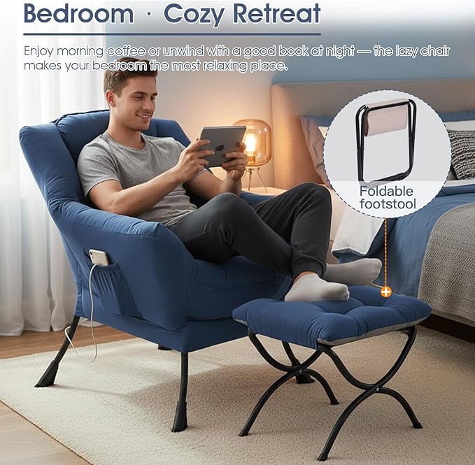 Lazy Chair with Ottoman, Reading Chair with a Pillow, Leisure Sofa Armchair with Ottoman, Large Accent Chair for Bedroom, Living Room, Dorm Room, Peach Royal Blue