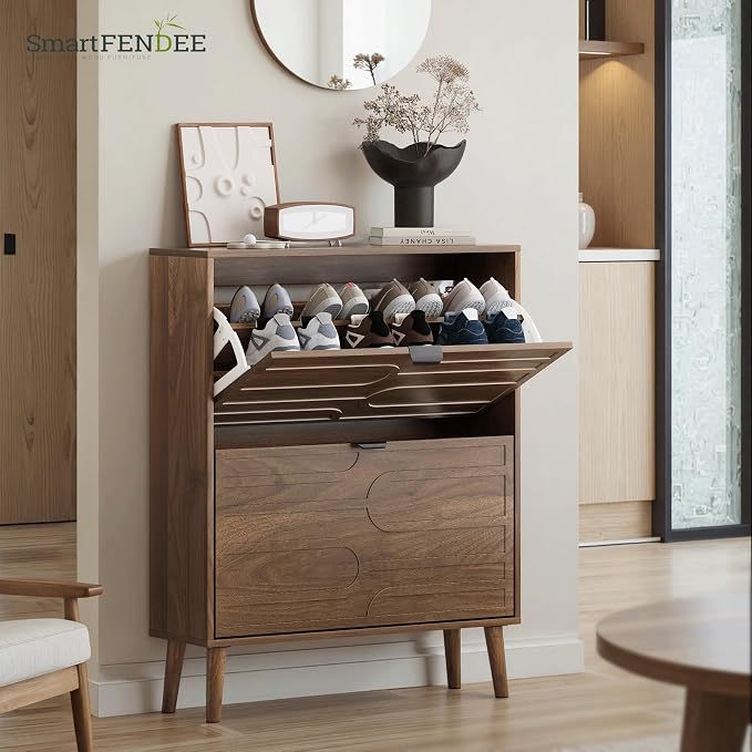 Smart FENDEE Shoe Cabinet with 2 Flip Drawers, Freestanding Shoe Storage Cabinet with Fluted Panel Design, Hidden Shoe Organizer Rack for Enterway, Hallway, Foyer, Brown - Image 5