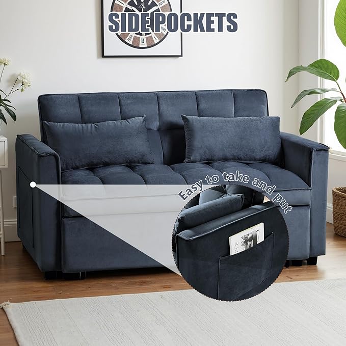 3 in 1 Sleeper Sofa Bed, Pull Out Couch, Convertible Futon Loveseat with krest, Dinotefuran Living Room Chaise Lounr Home Apartment Office, Black