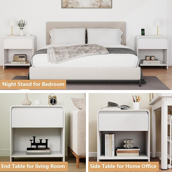 White Nightstand with Charging Station,Modern Night Stand with Drawer and Open Shelf,Bedisde Table with Storage for Bedroom, End Side Table for Living Room - Image 8